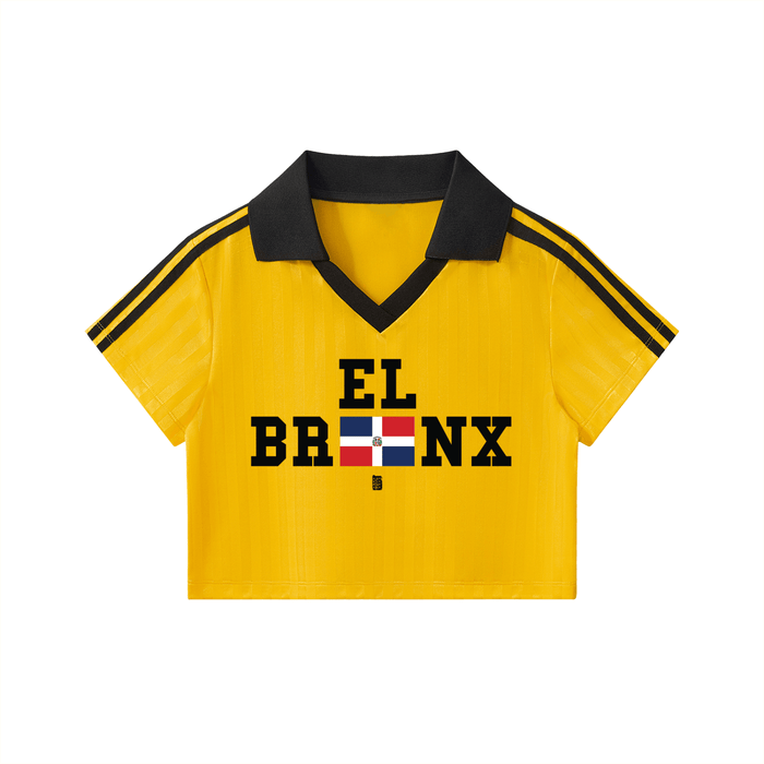 Yellow El Bronx soccer jersey with Dominican flag design, bold streetwear style