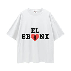 White t-shirt with 'EL BRONX' text and red heart design, inspired by NYC streetwear culture
