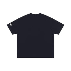Black streetwear tee with small white floral graphic on sleeve, inspired by NYC urban style