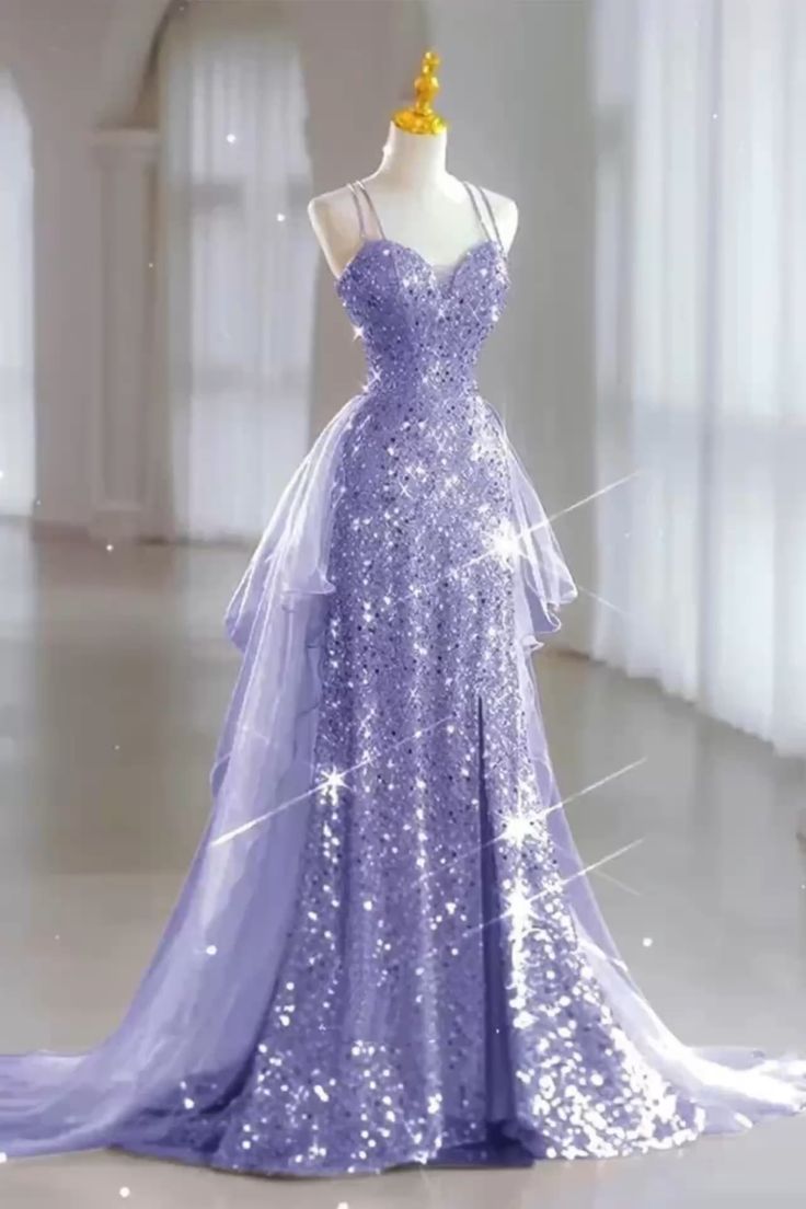 Chic Mermaid Spaghetti Straps Lilac Sequins Long Formal Fancy Prom Evening Dress Dinner Outfits Party Gowns For Teens AB2172
