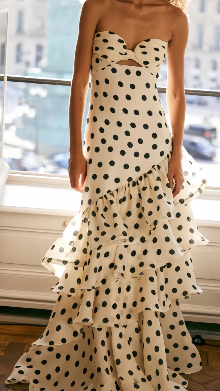 Strapless Mermaid Long Prom Dresses Dots Ruffle Sleeveless Party Dress AB1761