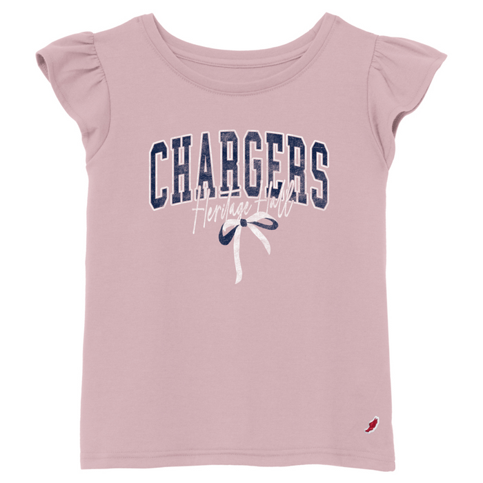 Girls flutter sleeve tee, League, pink sands, Chargers HHall bow