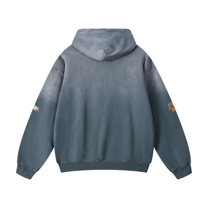Gray hoodie with orange sleeve graphics, inspired by Bronx streetwear style