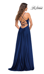 V-Neck A-Line La Femme Long Satin Prom Dress