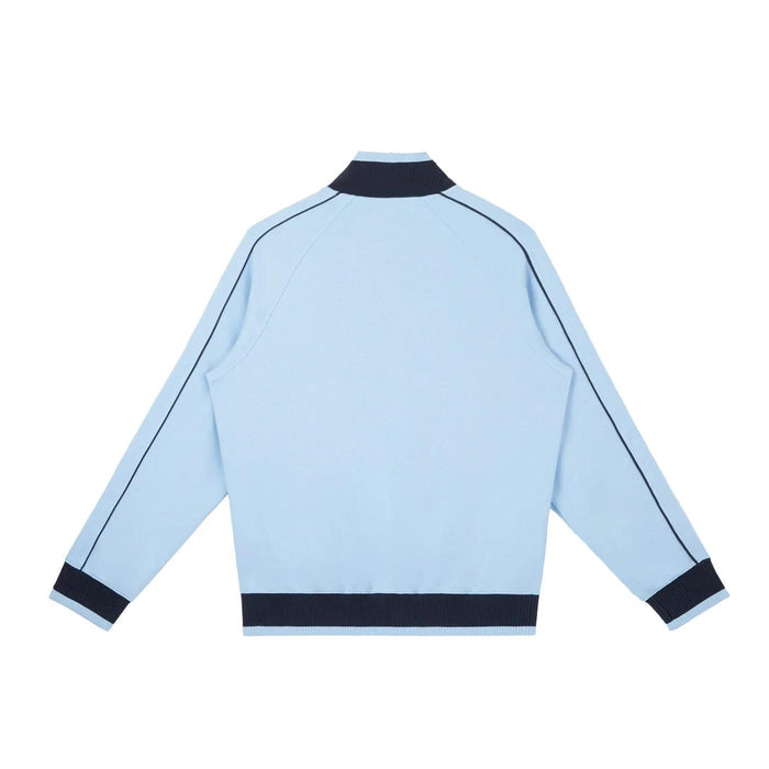 Light blue varsity jacket with navy trim, back view, streetwear style