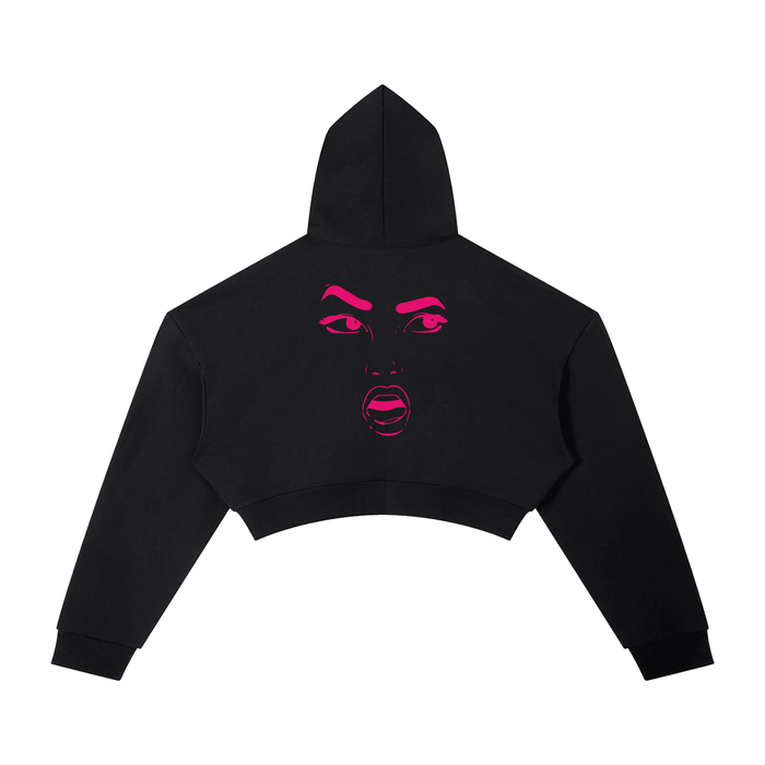Black cropped hoodie with bold pink face graphic, urban streetwear style