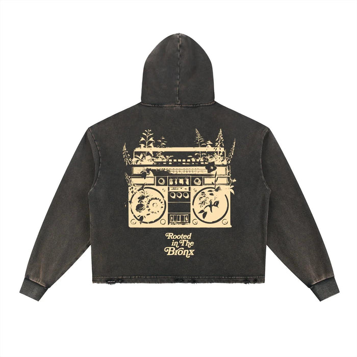 Rooted Boomin' Vintage Washed Frayed-Hem Hoodie by Bronx Native, Rooted in The Bronx hoodies streetwear