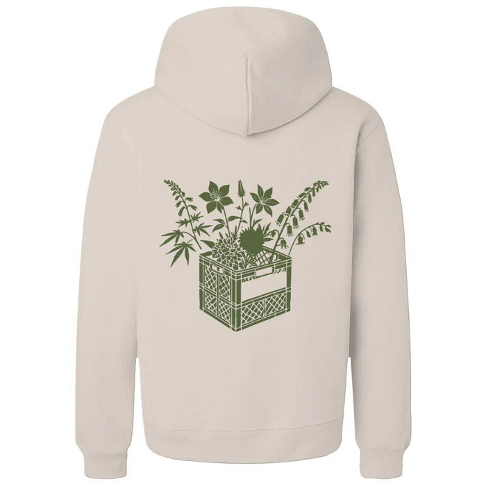 Beige hoodie with green crate and floral design, NYC-inspired streetwear