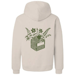 Beige hoodie with green crate and floral design, NYC-inspired streetwear