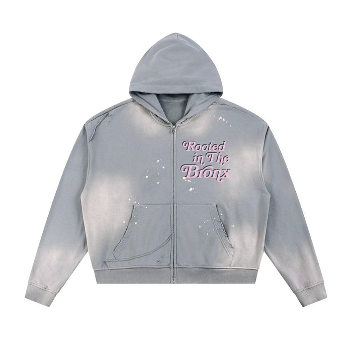 Rooted in The Bronx Sun Fade Frayed Raw Edge Fleece Zip Hoodie