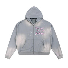 Rooted in The Bronx Sun Fade Frayed Raw Edge Fleece Zip Hoodie