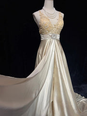 Beautiful Prom Dresses Inspo A Line Halter Champagne Satin With Lace Long Women Formal Dress N3198