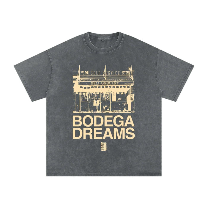 Bodega Dreams graphic tee with vintage deli grocery print, bold streetwear style inspired by NYC culture