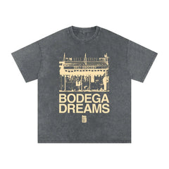 Bodega Dreams graphic tee with vintage deli grocery print, bold streetwear style inspired by NYC culture