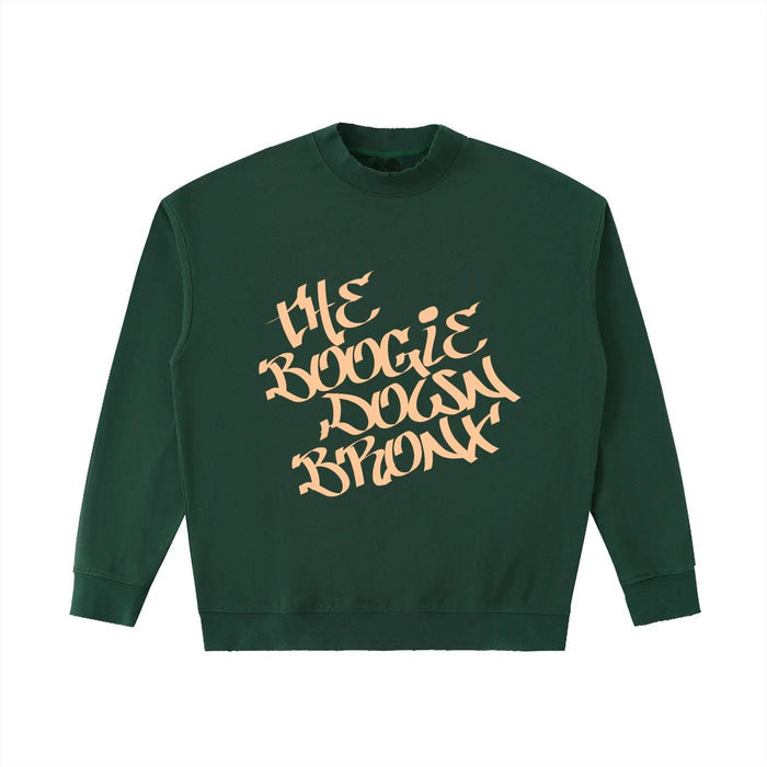 Green hoodie with 'The Boogie Down Bronx' text, bold streetwear design inspired by NYC culture