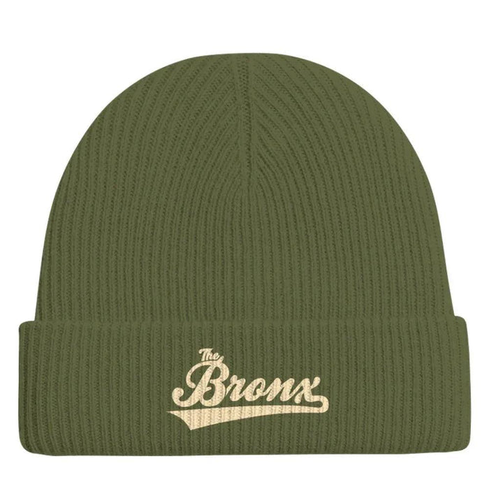 Olive green ribbed beanie with 'The Bronx' script embroidery, NYC streetwear style