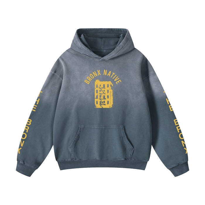 Gray hoodie with yellow text and graphics on a white background