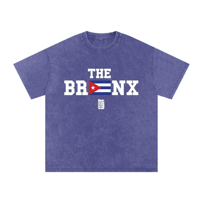 Purple vintage tee with 'THE BRONX' text and Cuban flag design, bold streetwear style