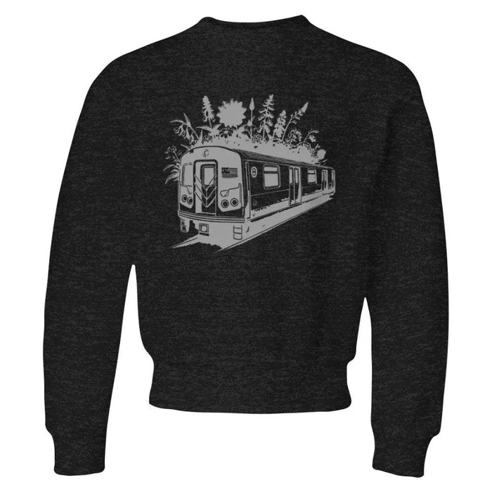 Black hoodie with NYC subway train and wildflowers graphic, urban streetwear style