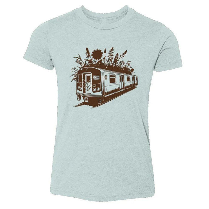 Light blue kids tee with NYC subway train graphic topped with wildflowers, bold streetwear style