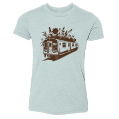 Light blue kids tee with NYC subway train graphic topped with wildflowers, bold streetwear style