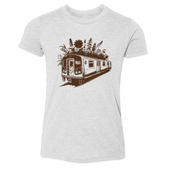 Gray kids tee with NYC subway train and wildflower graphic, urban streetwear style