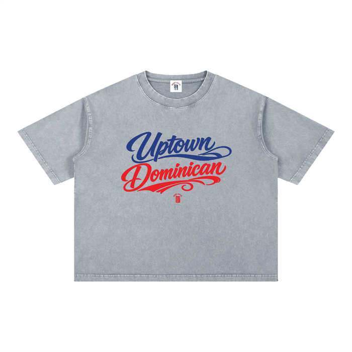 Gray t-shirt with 'Uptown Dominican' text in blue and red on a white background