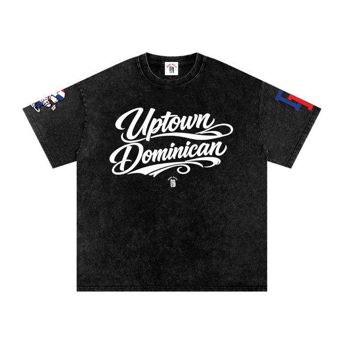 Black t-shirt with 'Uptown Dominican' text on a white background
