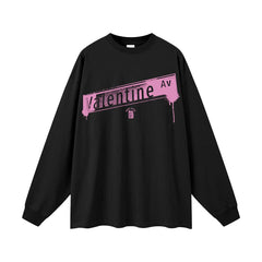 Black long-sleeve tee with pink 'Valentine Av' streetwear graphic, inspired by NYC Bronx culture