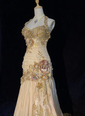 Vintage Prom Dresses Inspo Mermaid Halter Gold Sleeveless 80s With Appliqued Formal Gowns N3371
