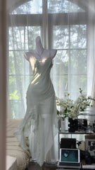 Charming Prom Dresses Mermaid Spaghetti Strap Chiffon Tea Length Evening Outfits N3560