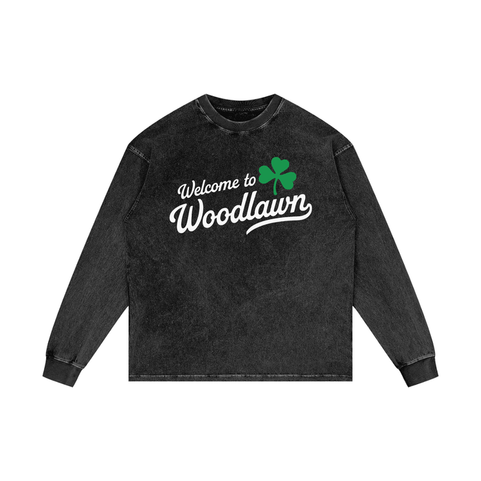 Welcome to Woodlawn St. Patty's Exclusive Acid Wash Oversize Long Sleeve T-Shirt by Bronx Native for New York summer