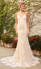 V-Neck Open Back Long White Lace Formal Evening Gown