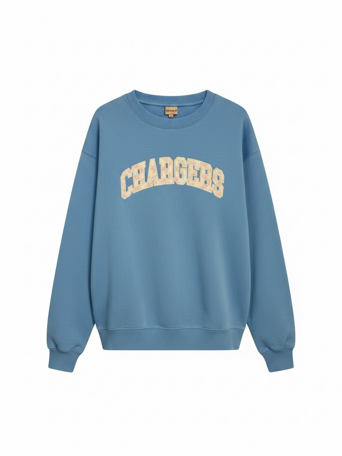 Women's Crew Sweatshirt, chicka-d, sky blue, CHARGERS floral applique