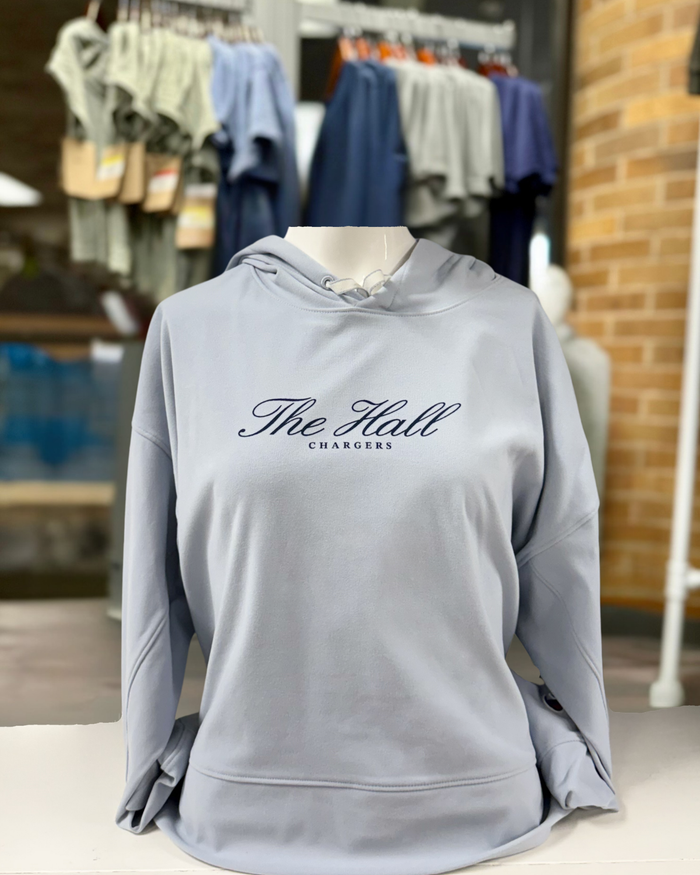 Women's sueded sweatshirt, silver, script The Hall