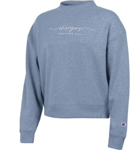 Women's Triumph Crew, Champion, wildflower blue Chargers script HHall