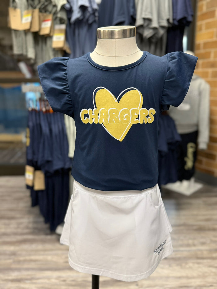 Youth Flutter sleeve navy shirt, heart Chargers