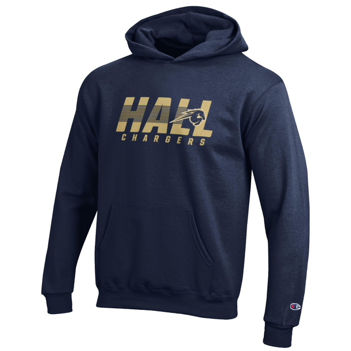 Youth PB hoodie, Champion, marine navy, HALL horse through over Chargers
