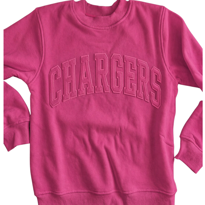 Youth sweatshirt, Spirit Society, applique vivid pink, CHARGERS