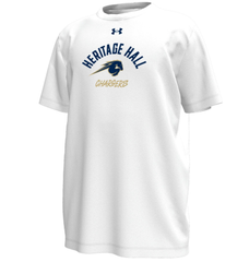 Youth UA tee, white, arch HHall over horse